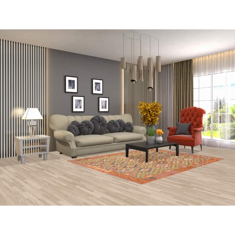 Hand Woven Oriental 100% Wool Carpet Southwestern All-Over Oranges & Rust Kilim Area Rug - 6' 9'' X 5' 3''