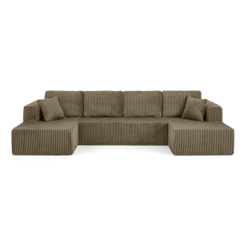 U Shape Modular Sectional Sofa with Dual Chaise Lounges, Corduroy Upholstered Sleeper Sofa, Comfy Compressed Sectional Sofa