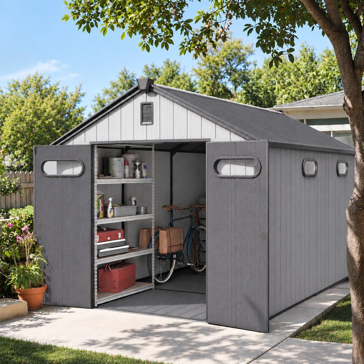 8X8/8X10/8X12 FT Resin Outdoor Storage Shed with Window Vent Floor for Patio Furniture and Tools Lockable