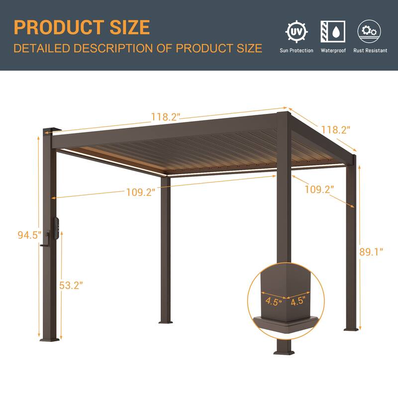 LIVOOSUN Outdoor Detachable Control Panel LED Equipped Pergola, Solar and USB Charging Options, Brown