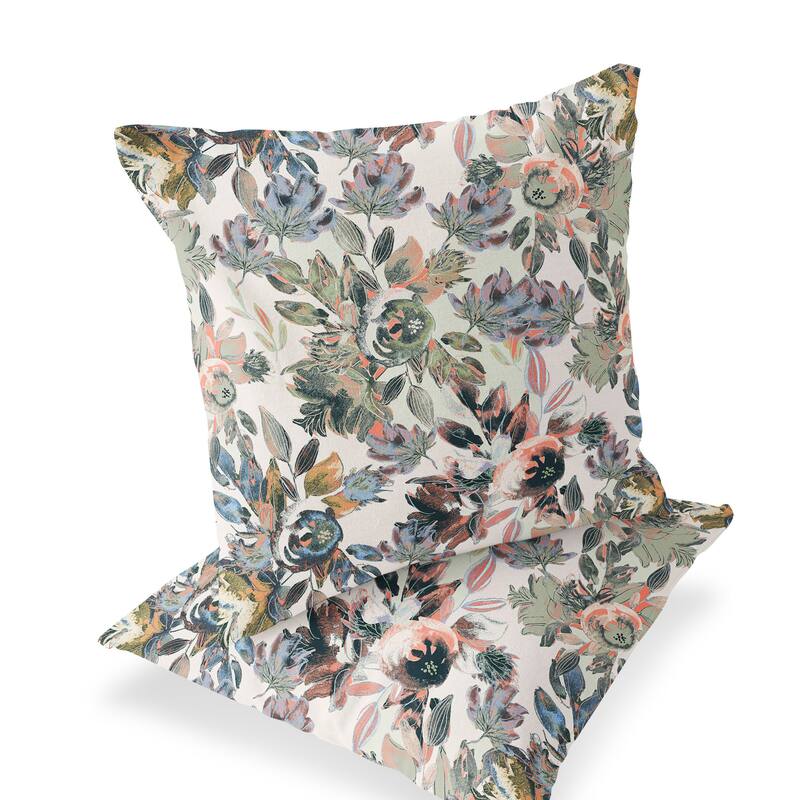 HomeRoots Set of Two 16" X 16" Pink and White Blown Seam Floral Indoor Outdoor Throw Pillow - 16.00' X '16.00' X '5.00