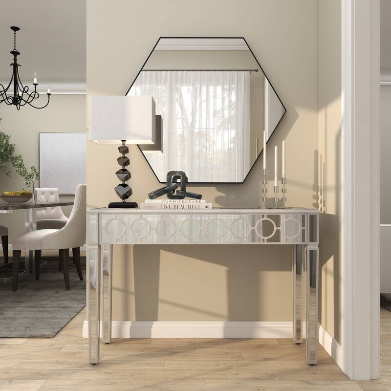 Silver Glass Mirrored Geometric Console Table with Circular Panel Inlay