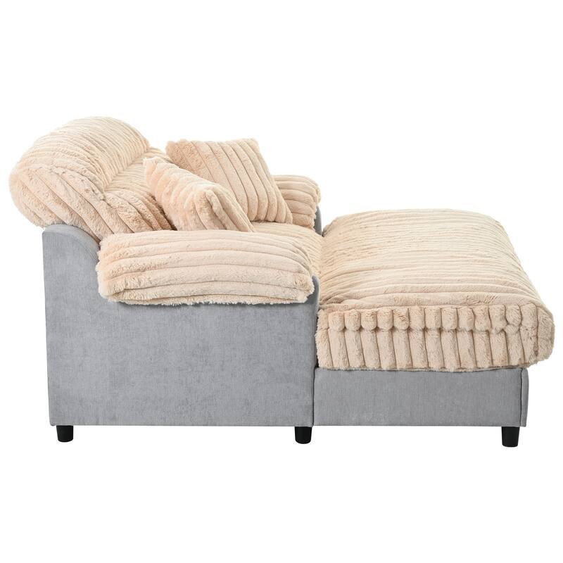 Modern Oversized Chaise Lounge Sofa for Living Room, 65.25" Cloud Sleeper Sofa Plush Faux Fur Sofa Couch with 2 Pillows
