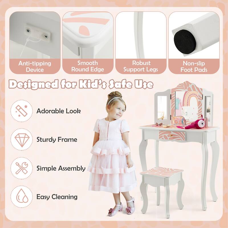 Costway Kid Vanity Set Wooden Makeup Table Stool Tri-Folding Mirror - See Details