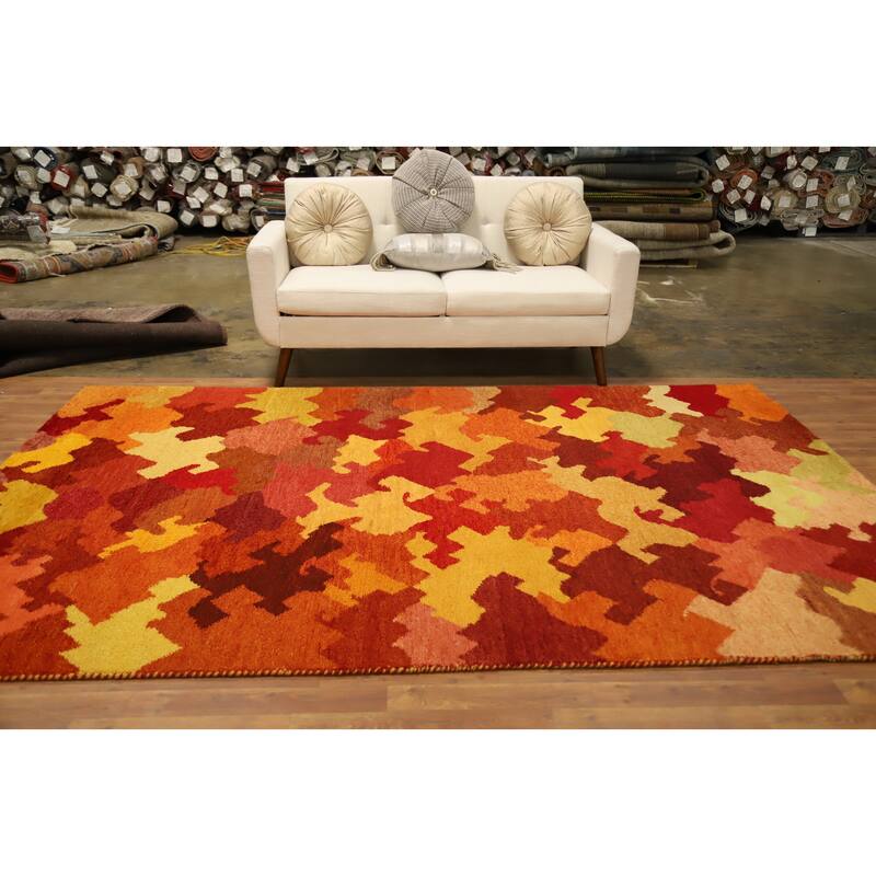Hand Knotted Oriental 100% Wool Carpet Modern Geometric Oranges & Rust Gabbeh Area Rug - 9' 7'' X 6' 4''