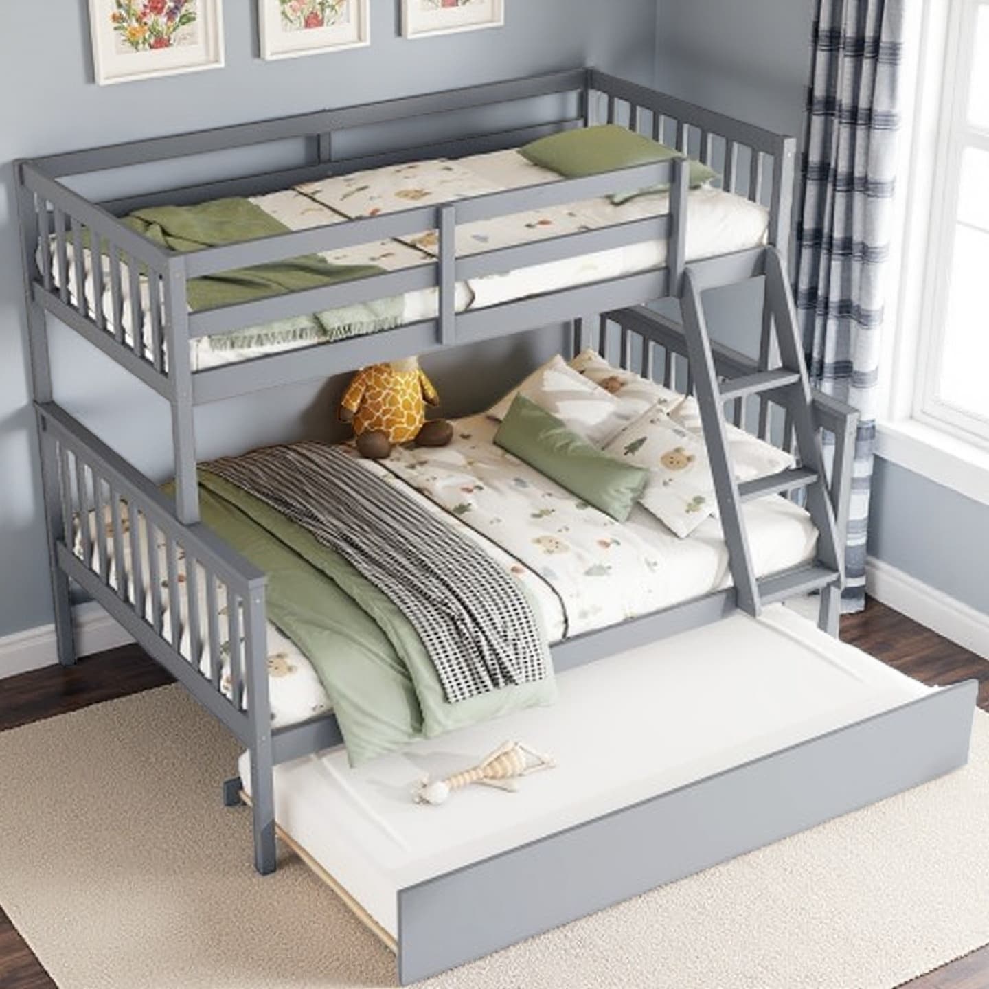 Twin Over Full Rubber Wood Bunk Bed with Trundle, Detachable Ladder and Guardrails