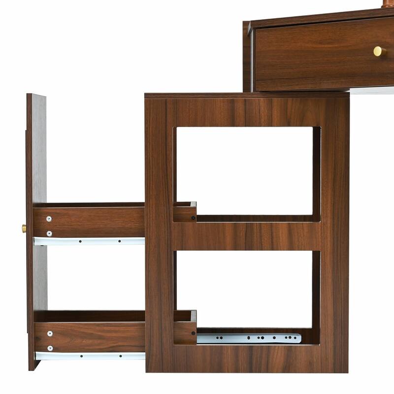 Triangle Makeup Desk with Removable Pull-Out Side Cabinet, Glass Tabletop Makeup Vanity with Drawer and Shelf