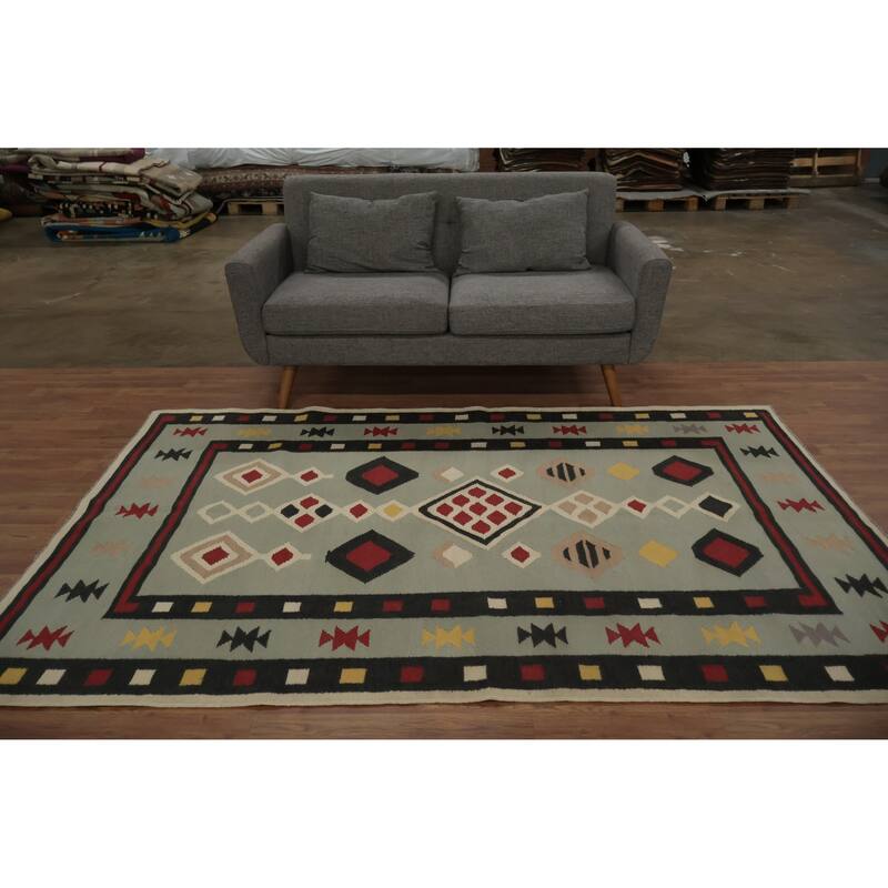 Hand Woven Oriental 100% Wool Carpet Southwestern Modern Green Kilim Area Rug - 8' 0'' X 5' 1''