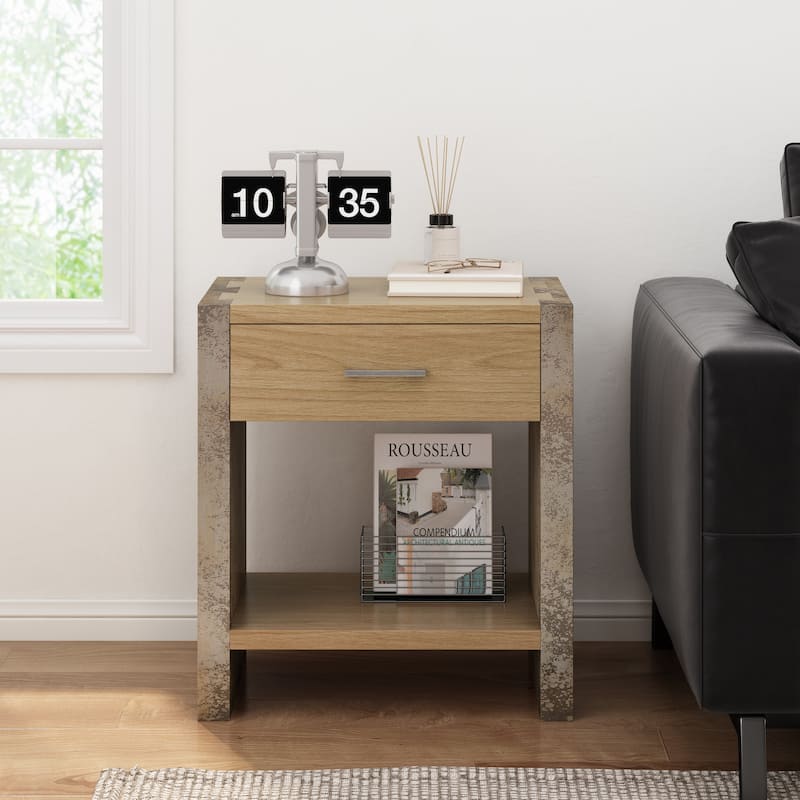 Christopher Knight Home - Quillson MDF 1-Drawer Nightstand with Smooth Glide Drawer - Gray+Natural