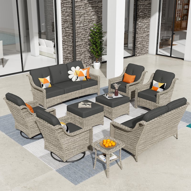 HOOOWOOO 9-piece Wicker High Back Patio Outdoor Swivel Chair Set - Black