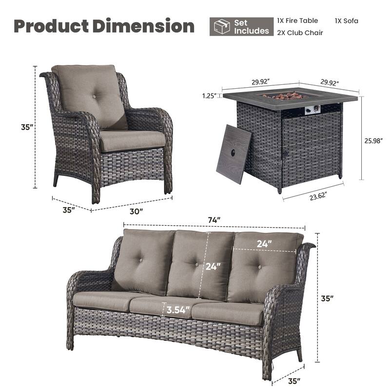 Gymojoy 4-Piece Outdoor Wicker Patio Furniture with Fire Pit Table, Rattan Coversation Set with Water Resistant Thick Cushions