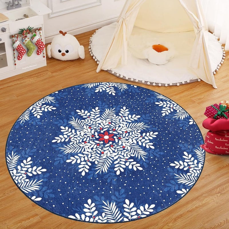 Christmas Snowflake Washable Area Rug, Floor Carpet for Holiday Decor, Blue