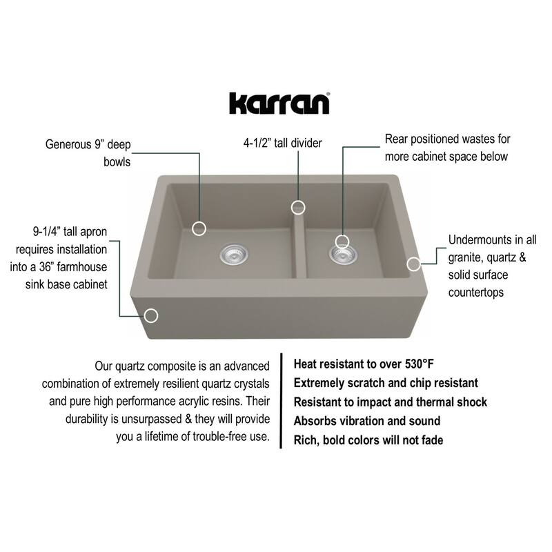 Karran Farmhouse/Apron-Front Quartz Double Bowl Kitchen Sink Kit