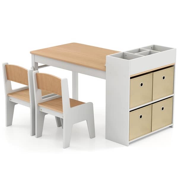 slide 2 of 17, Kids Art Table and 2 Chairs Set with 4 Fabric Storage Bins and 4 Compartments - 39.5" x 20" x 23" (L x W x H) Natural