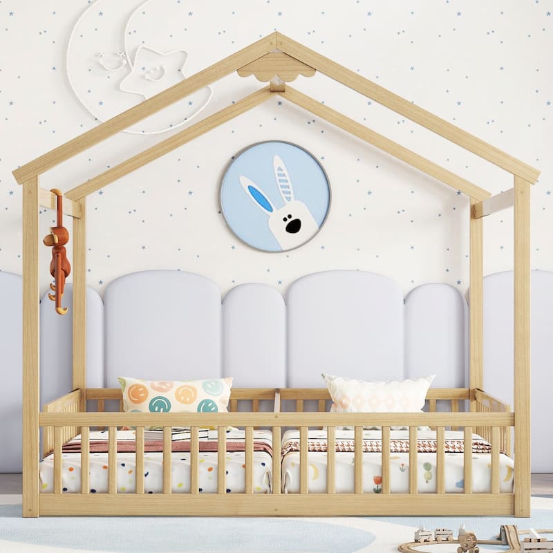 Double Twin House-Style Floor Bed with Fence