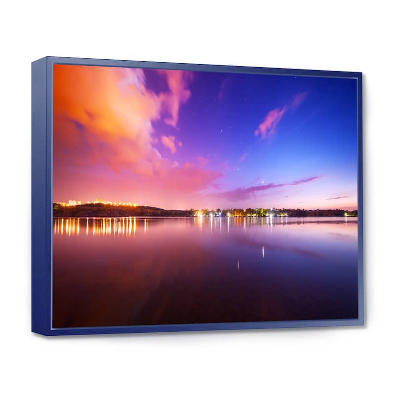 Designart "Night Sky Reflection in River" Landscape Photography Framed Canvas Print - 40 in. wide x 30 in. high - Blue