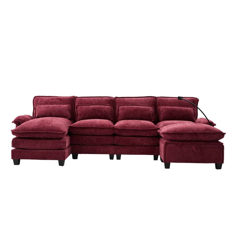 Chenille U-shape Sectional Sofa with Chaise and Storage Ottoman, Modular Couch with USB/Type-C Ports, Side Pockets, Phone Holder