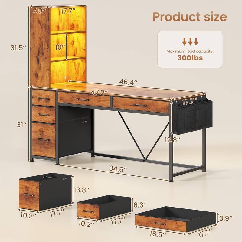 L Shaped Computer Desk 5 fabric Drawers Gaming Desk Storage Shelf