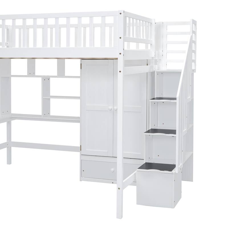 Full Size Loft Bed with Bookshelf, Drawers, Desk, and Wardrobe in White