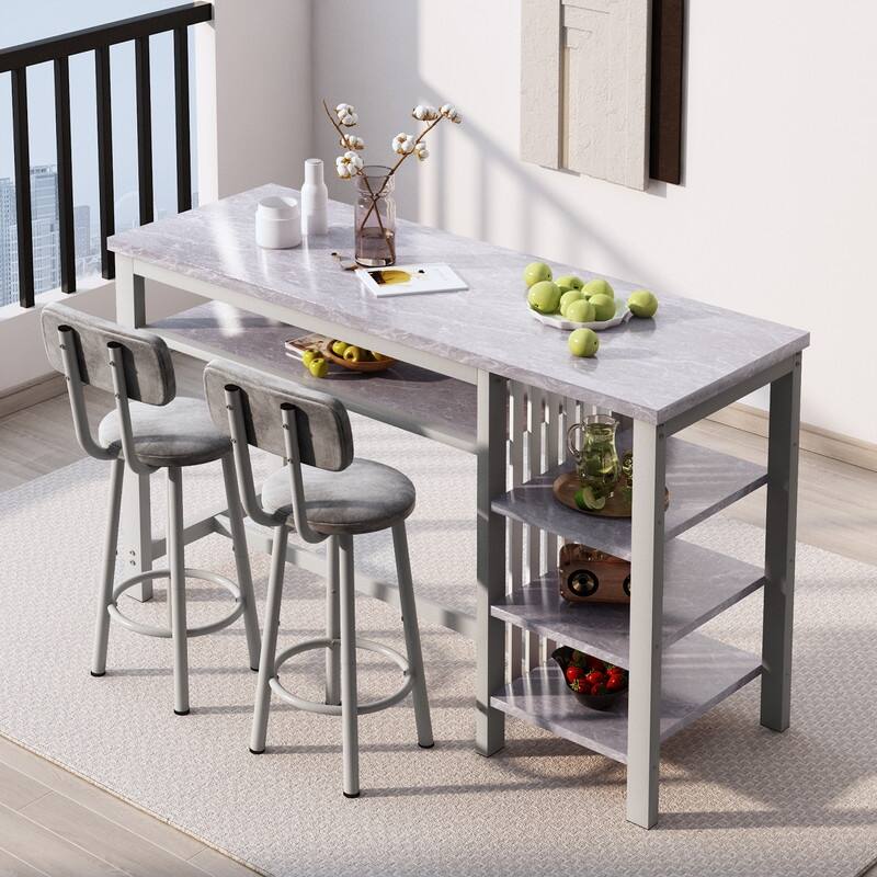 3-Piece Dining Room Table Set with 2 Upholstered Bar Stools, Modern Farmhouse Bar Table Set for 2 with Multiple Tier Shelves - Marble Gray/Gray/Gray Velvet