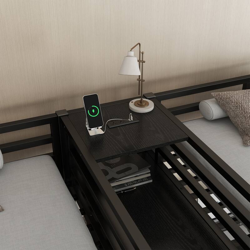 Roomfitters Twin Corner Loft Beds with Double Desk and Wardrobe, Metal Frame with Power Outlets