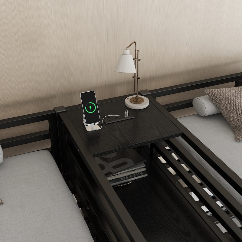 Twin Over Twin Metal Loft Bed with Double Desk, Wardrobe, Shelves and Power Outlets, Space-Saving Design