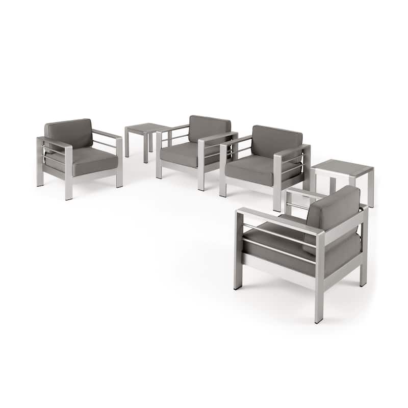 Cape Coral Outdoor 4 Seater Aluminum Club Chair and Table Set by Christopher Knight Home - Silver+Khaki