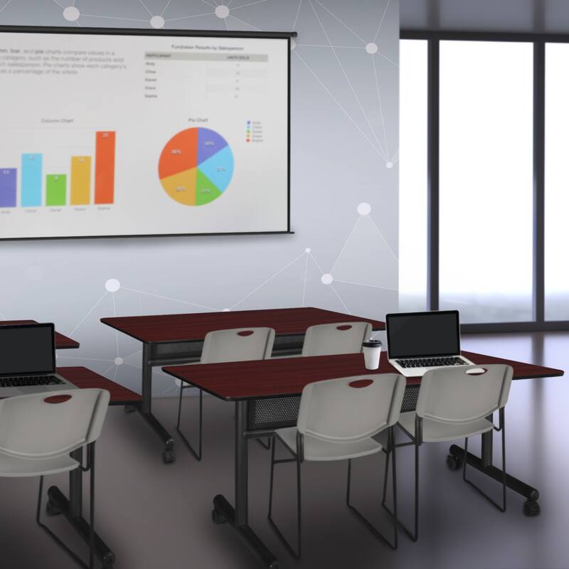 72" x 30" Flip Top Mobile Training Table with Modesty Panel- Mahogany and 2 Stack Chairs- Grey