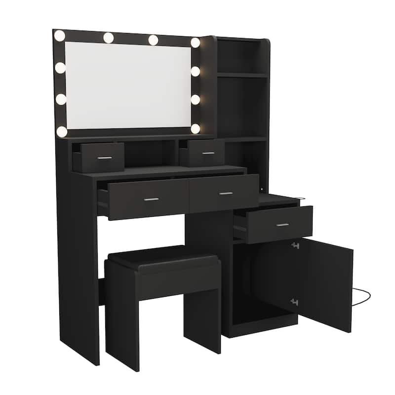 Vanity with Mirror and Hair Dryer Rack 5 Drawer Dressing Table Stool USB Charging Station