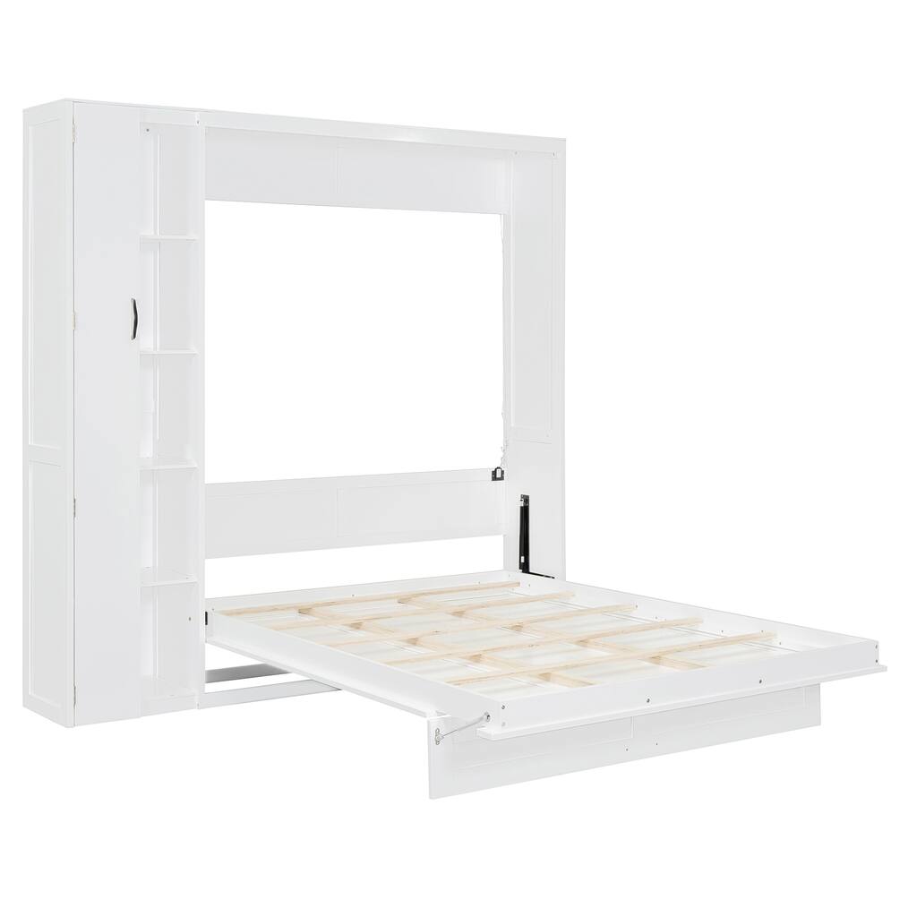 Multi-functional Queen Murphy Wall Bed with Storage Shelves, Wardrobe, and LED Lighting, Ideal for Small Spaces