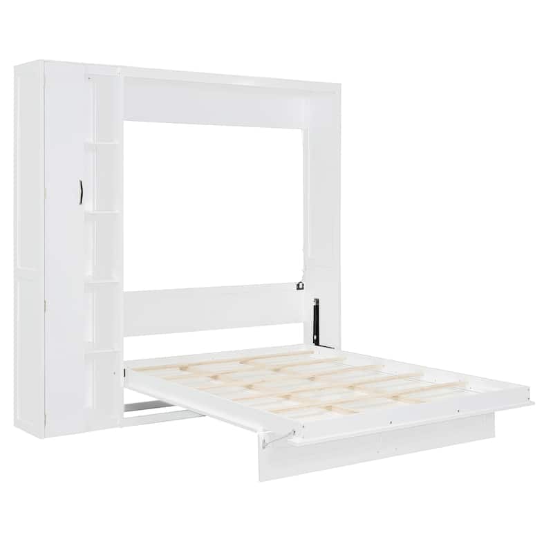 Queen Size Murphy Bed Wall Bed with Shelves, Wardrobe and LED Lights,White