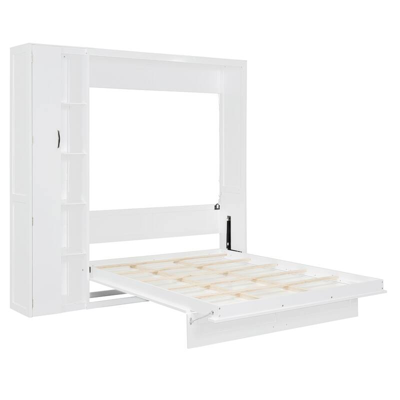 Queen Size Wall Bed with Shelves, Wardrobe, and LED Lights, Space-Saving Design