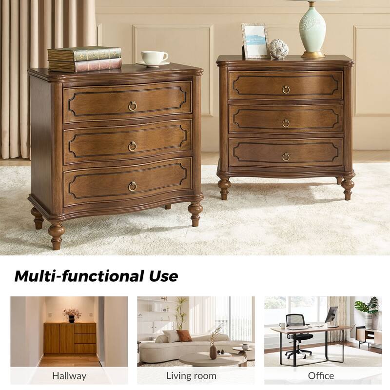 Alois Traditional 28''W 3-Drawer Curves End Table with Solid Wood Spindle Legs Set of 2 by HULALA HOME
