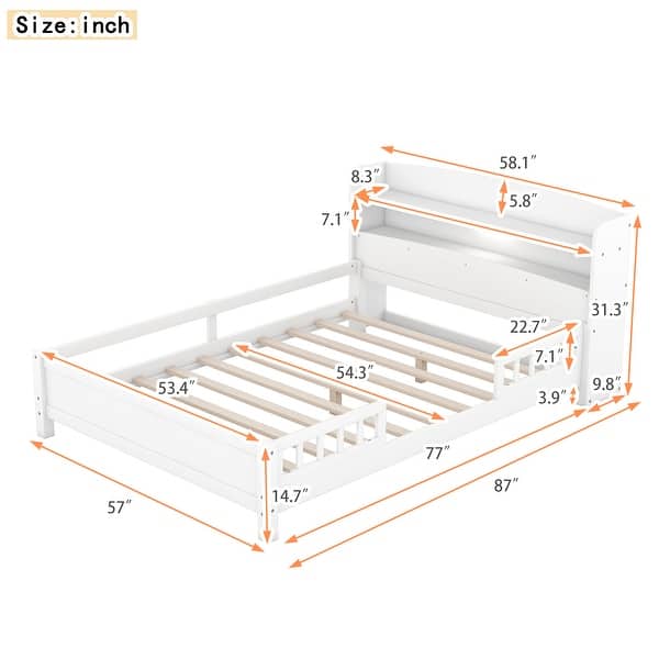 Wood Full Size Platform Bed with LED Light, Storage Headboard and Safety Guardrail for Bedroom, White