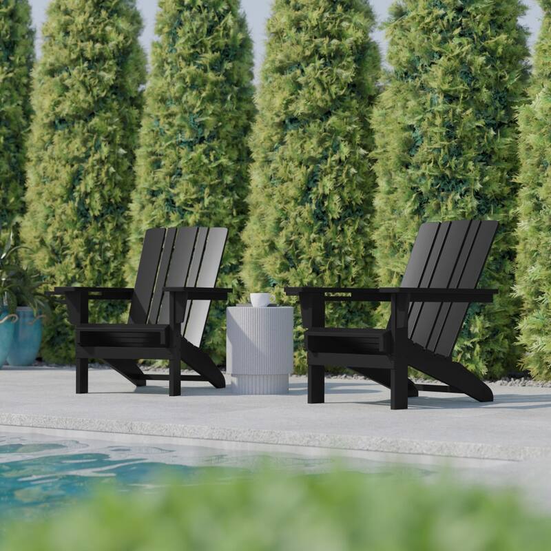 Set of 2 Commercial All-Weather Adirondack Chairs with Cupholders