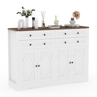 55 Inch Farmhouse Buffet Sideboard Cabinet - White Storage Cabinet With 2 Drawers & 4 Doors For Kitchen