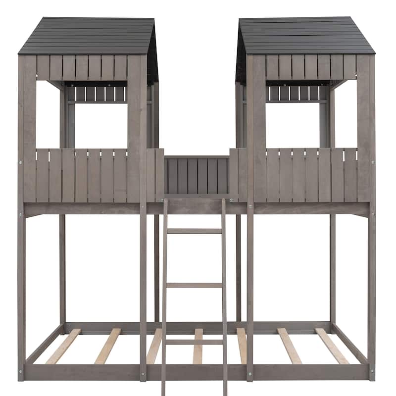 Full Over Full Pine House Bunk Bed with Roof and Ladder