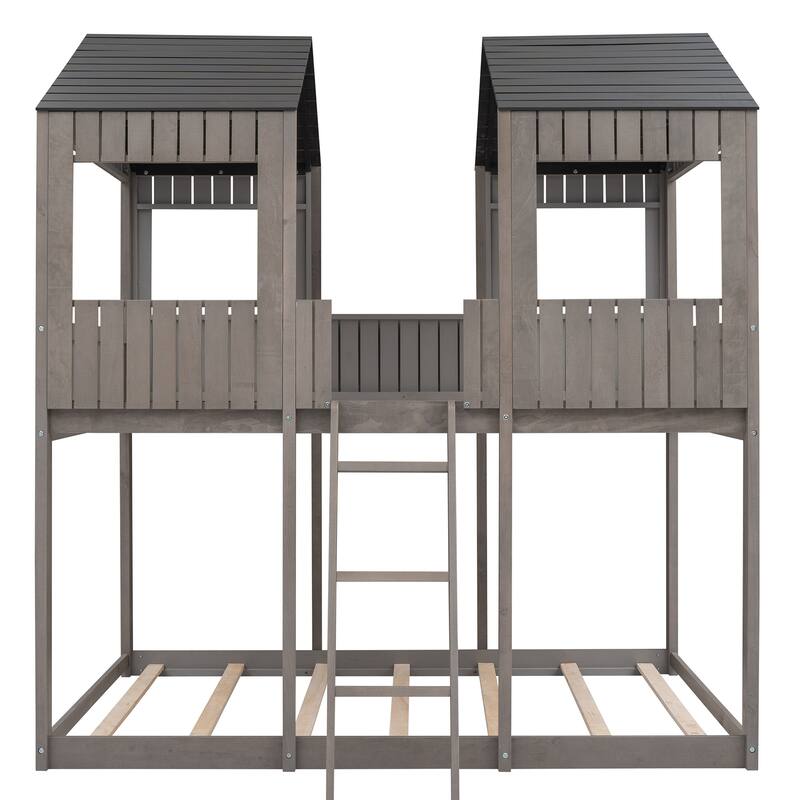 Wooden Castle House Bed Full Over Full Bunk Bed with Roof, Window, Guardrail, Ladder