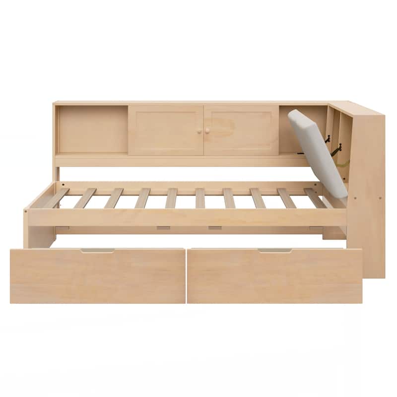 Wooden Twin Size L-shaped Daybed Corner Bed Under-bed Drawers with Storage Bookcase and Upholstered Headboard