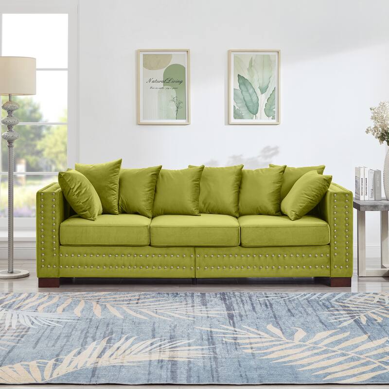 Modern Living Room Sofa with Square Armrest & Silver Nails Decoration - Green