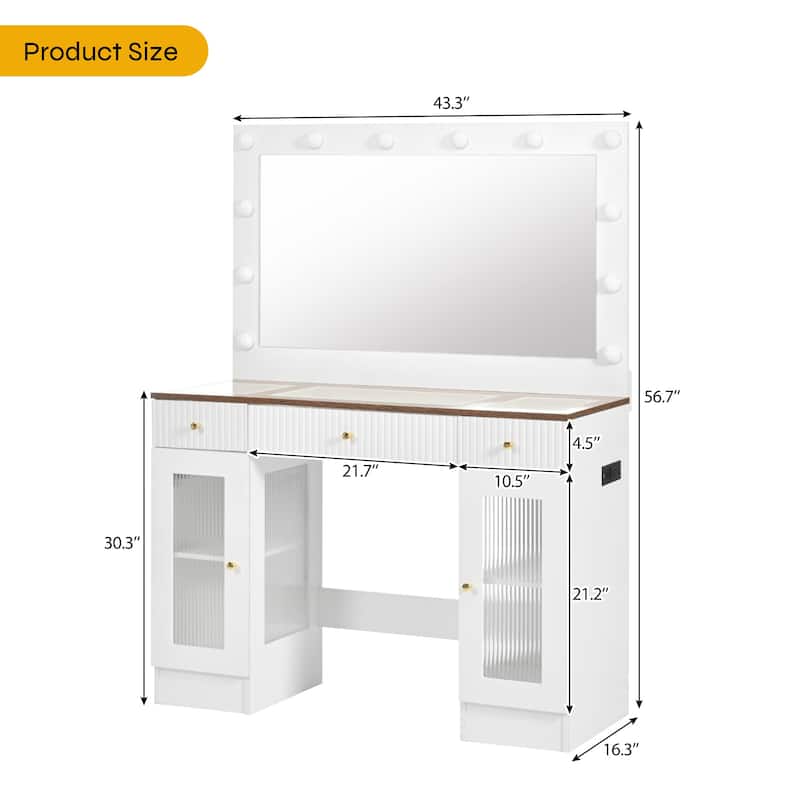 43.3"Vanity Desk with Large Mirror and Hollywood Bulbs,Glass Top Makeup Vanity with Drawers and Power Outlet