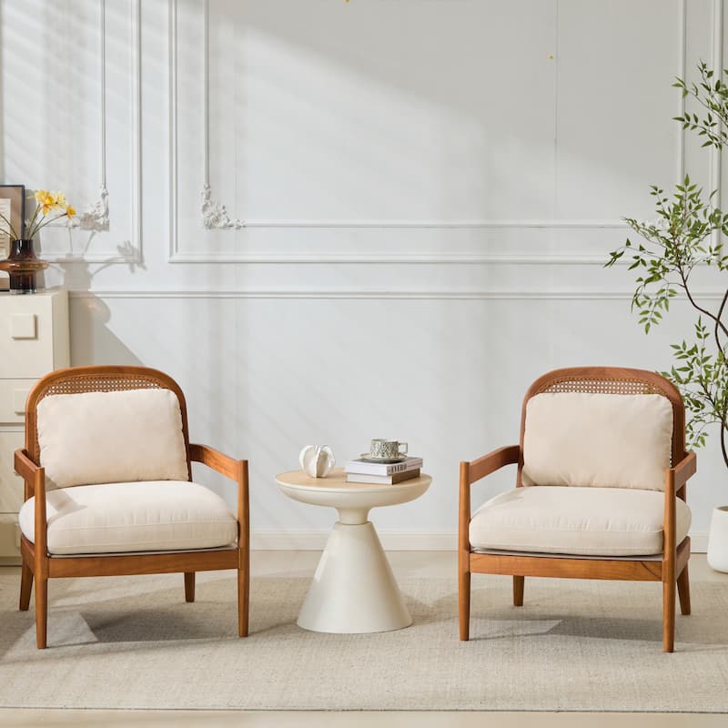 [Set of 2] 26.6" Mid-Century Modern Accent Chair with Light Brown Finish Solid Wood Frame and Rattan Backrest