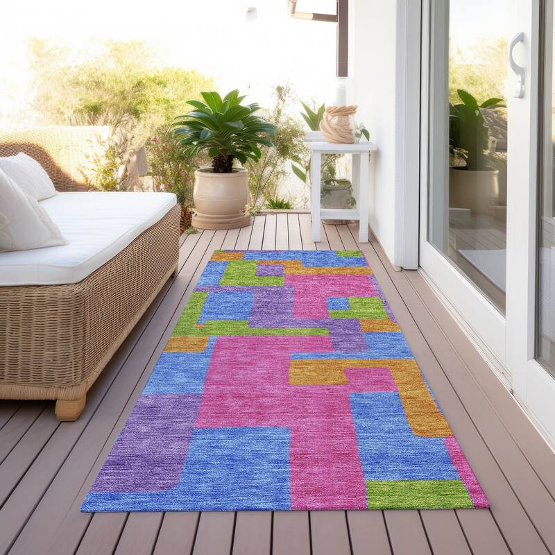 Machine Washable Indoor/ Outdoor Chantille Contemporary Blocks Rug - Purple - 2'3" x 7'6"