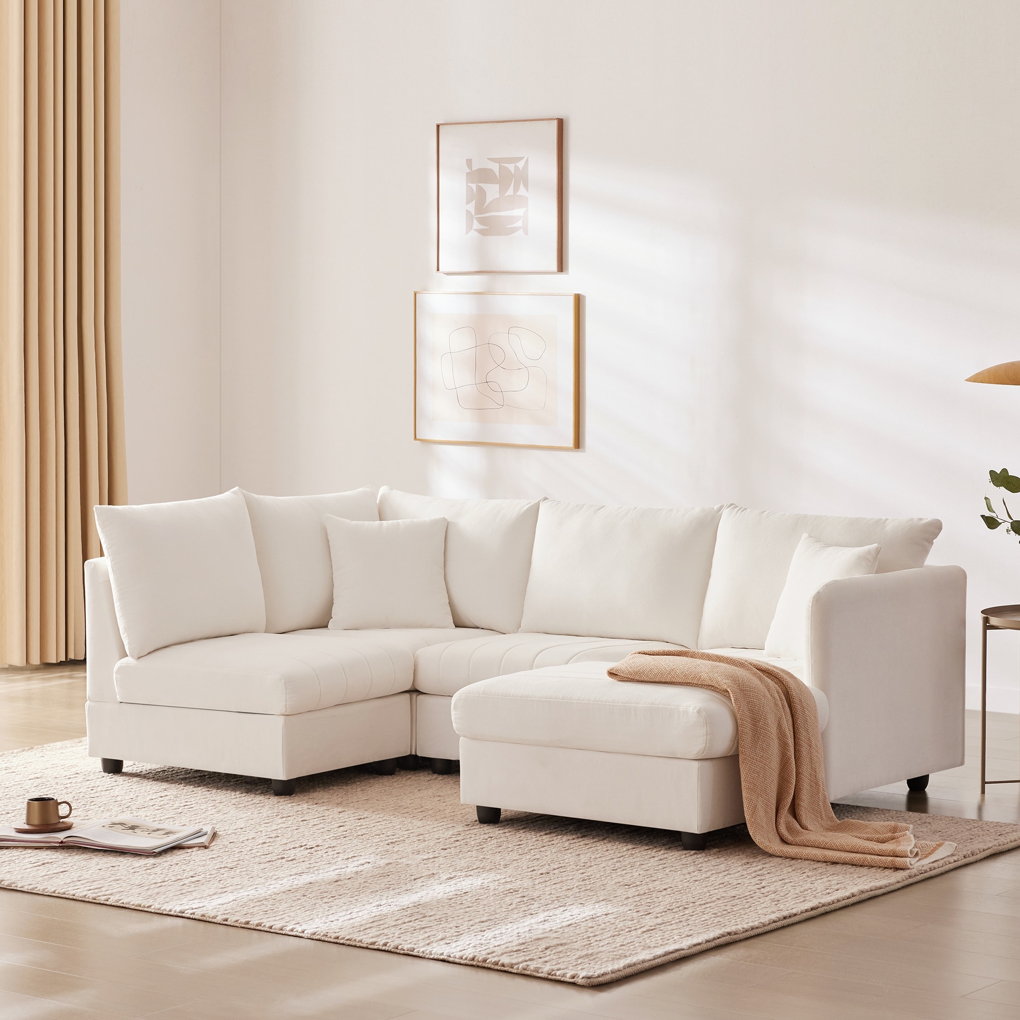 Modern L Shape 5 Seat Sectional Sofa w 2 Pillows Convertible Ottoman