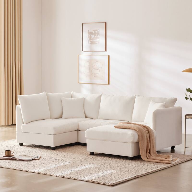 Modular L-Shaped Sectional Sofa with Movable Ottoman, 5 Seat Corner Couch with Throw Pillows, Comfy Cloud Upholstered Sofa