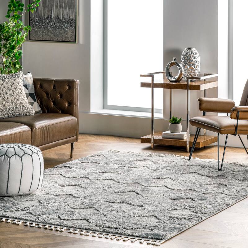 Nuloom Geometric Agata Textured Tassel Area Rug - 4' x 6' - Light Grey - Rectangle