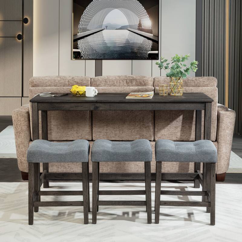 GDFStudio - Calverly 4-Piece Industrial Bar Table Set with USB Power Station and 3 Linen Upholstered Stools