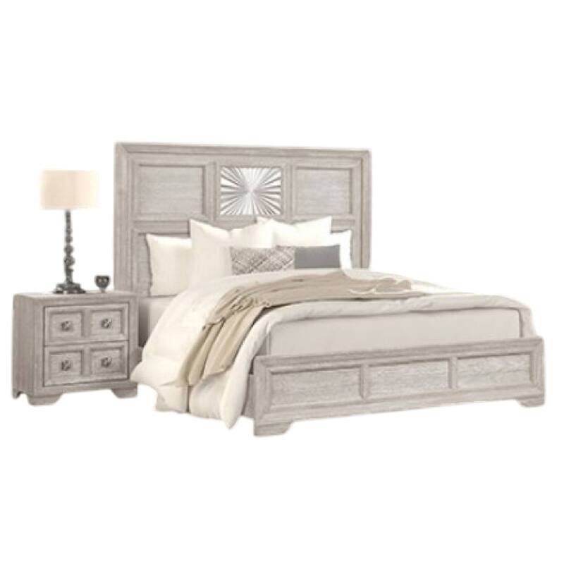 Diaz 4pc Queen Size Bedroom Set, Dresser Mirror, Sunburst Light Gray