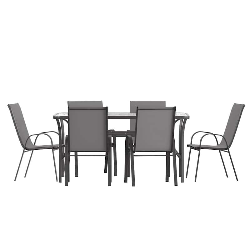 7 Piece Patio Dining Table and Chairs Set with Glass Table and 6 Chairs