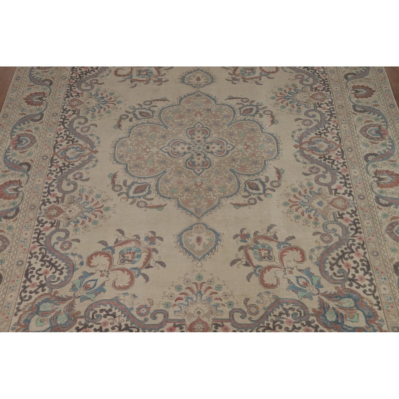 Medallion Tabriz Persian Area Rug Beige Hand-Knotted Wool Carpet - 9'5"x 12'3"